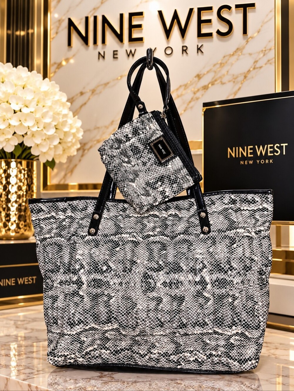 Nine West Snakeskin Print Tote & Wristlet Combo PLC